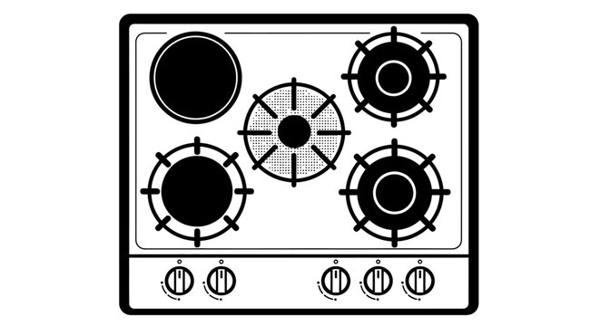 Overhead view of a kitchen stove with five burners and knobs