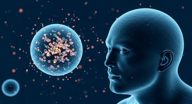 Human head profile with glowing cell and particles in a futuristic scientific concept.