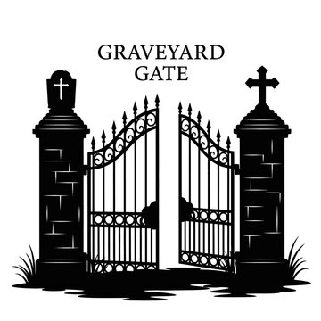 Silhouette of a wrought iron gate with pillars against a white backdrop