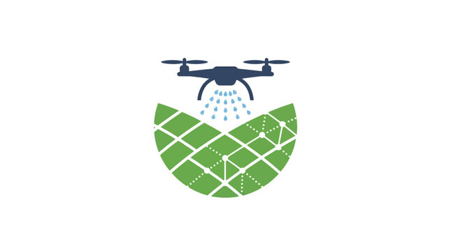 Drone spraying water on green field.