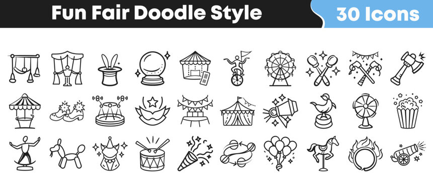 Set of hand drawn fun fair icons in doodle style