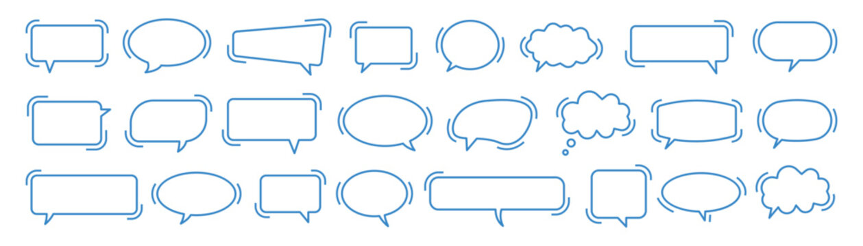 Blue outline speech bubbles and thought clouds set on transparent background