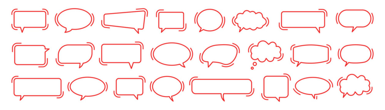 Collection of red outline speech bubbles and thought clouds with dashed borders on transparent background