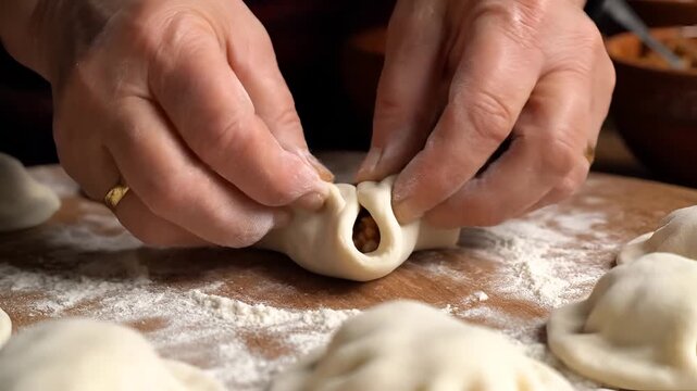 Closeup of hands preparing traditional dumplings with savory filling.