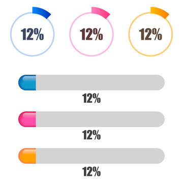12％の円グラフとプログレスバーセット カラフルな進捗表示UIデザイン素材 12 Percent Circle Graph and Progress Bar Set Colorful UI Indicator Design
