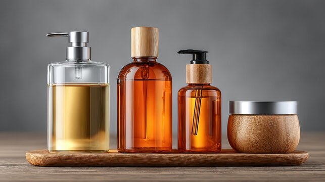Elegant Spa Set: Amber Glass Bottles and Wooden Jar on Wooden Tray