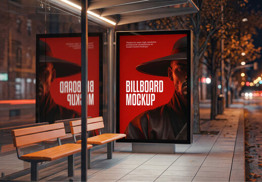 Modern Night Bus Shelter Billboard Mockup