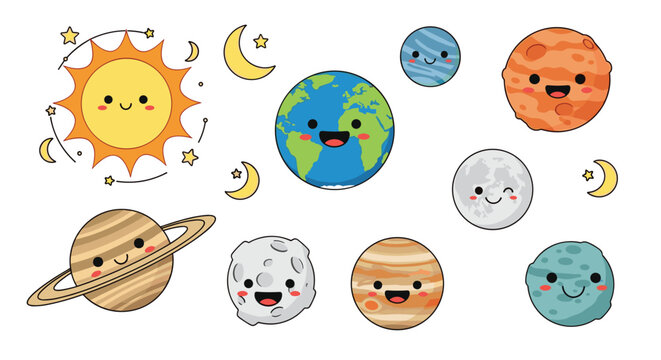 Playful illustration of the solar system featuring the sun, planets, and moons with cute smiling faces and tiny stars for children.