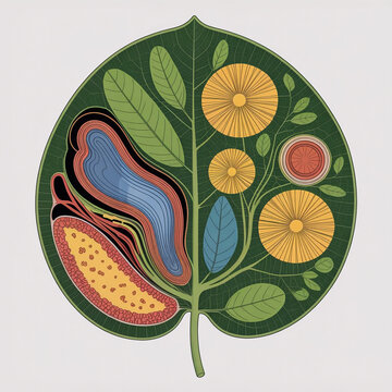 Highly detailed scientific artwork of a leaf cross section showing epidermis, stomata, xylem, phloem, and mesophyll tissues in an educational botanical diagram style.