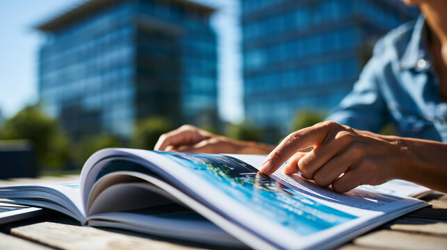A pair of hands at a bright outdoor business table reviewing a printed clean tech pitch deck turning pages in the direct outdoor light the pages vivid and sharp defocused glass