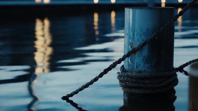 Mooring rope tightly winding around a weathered dock post, reflecting in the calm, rippling blue water of a marina, highlighting concepts of security, stability, and peacefulness