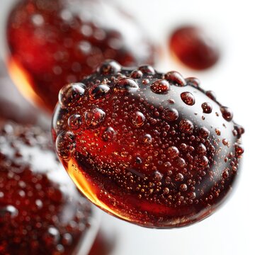 Abstract Dark Red Spheres with Water Droplets on a White Background