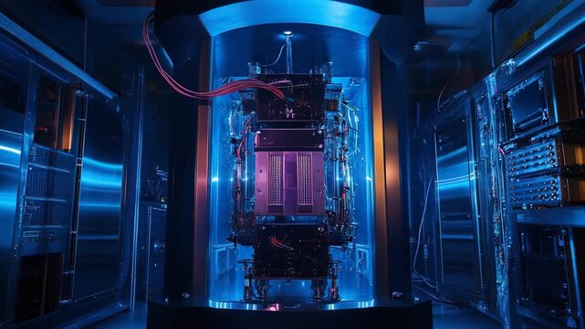 Advanced quantum computer with intricate circuitry and blue glowing lights in a server room, symbolizing futuristic data processing, ai driven research, and high tech innovation
