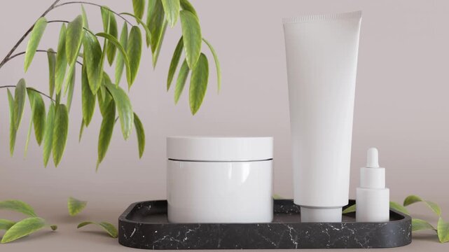 Watch as cosmetic jars and a tube are arranged with green leaves in this 3D animation. The design focuses on simple shapes and motion, creating an engaging visual flow