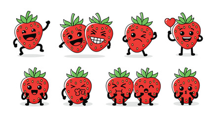 Naklejka premium Group of adorable strawberry characters with arms and legs showing various playful emotions and holding a small heart.
