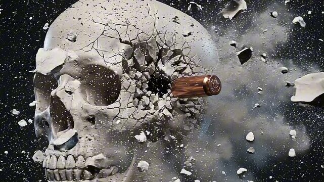 3D animation of a skull being shot by a bullet