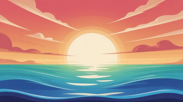 Glowing cartoon ocean horizon with calm waves during a beautiful sunset
