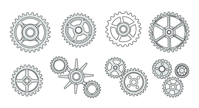 Set of various mechanical gear wheels and cogwheels in different sizes and configurations for industrial and engineering themes.