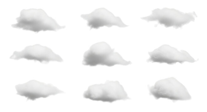 Collection of nine isolated white fluffy clouds with soft textures, arranged in a grid pattern against a solid black background