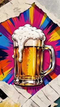 Pop Art Beer Mug with Grunge Halftone Collage Texture, Colorful Retro Beverage Illustration, Animated Motion Graphic Design, Vertical Video