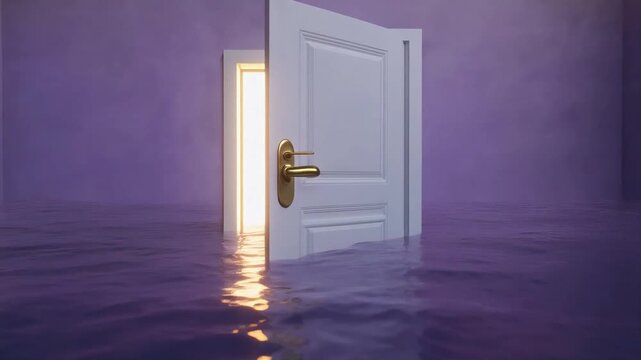 Open door standing in calm water with bright light glowing from inside a purple room in cinematic motion