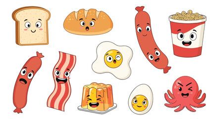 Obraz premium Collection of cute food characters with expressive faces including bread, eggs, sausage, bacon, jelly, and an octopus.