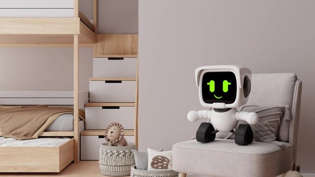 A robot sits on a chair in a kids room. The animation is fun to watch as the robot interacts. Fun and educational programmable robotic toy.