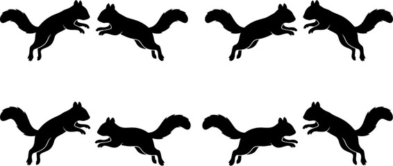 Fototapeta premium Eight black squirrel silhouettes in motion showing jumping and running poses isolated on white background