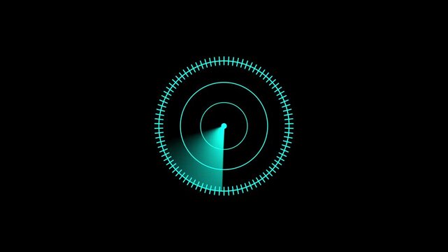 Radar scan interface, blue sweep on black background a digital displays a sweeping on a the circular display shows concentric circles and a rotating sector representing