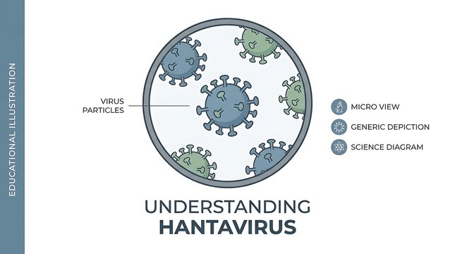 A basic portrayal of virus particles under a microscope, a minimal scientific illustration, the text "Understanding Hantavirus," and an instructional layout