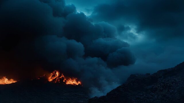 Volcano erupting at night, casting orange lava across rugged dark terrain as thick smoke and ash plume into a desaturated sky, a dramatic, dangerous natural spectacle