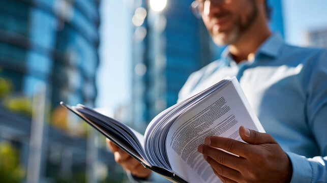 A pair of hands holding a bright professional presentation folder open while standing in a sunlit business plaza the folder's printed content crisp in the direct daylight