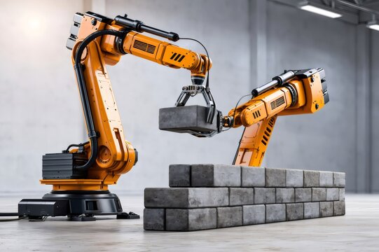 Robotic arm building wall with concrete blocks