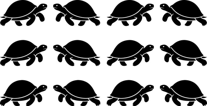 Collection of black turtle silhouettes in various walking and swimming poses for marine and nature graphic designs