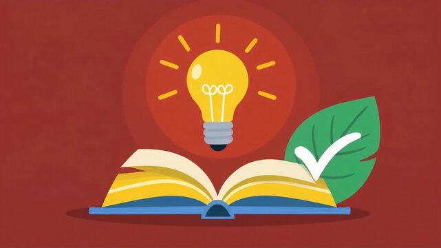 Open book with glowing lightbulb and green leaf animation showing a checkmark symbol for sustainable education and creative learning