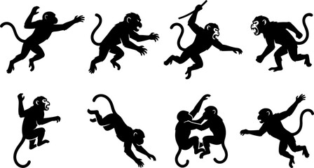 Set of wild monkey silhouettes in various climbing and jumping dynamic poses © Vecto_Pixels