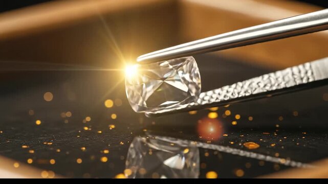 Sparkling gemstone held by tweezers