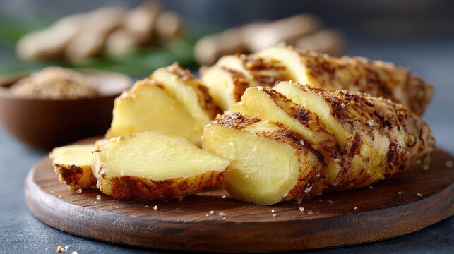 Sliced Galangal Root on Wooden Board with Ginger and Brown Sugar