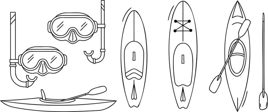 Set of water sports equipment including snorkeling mask and kayaks	
