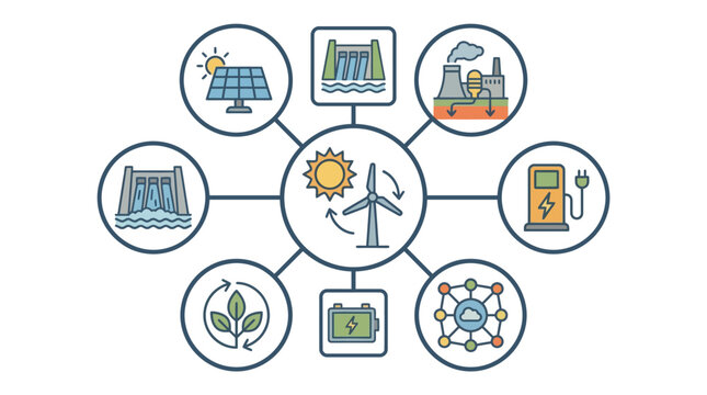 Diverse Renewable Energy Sources Connected to Centralized Power Generation and Storage