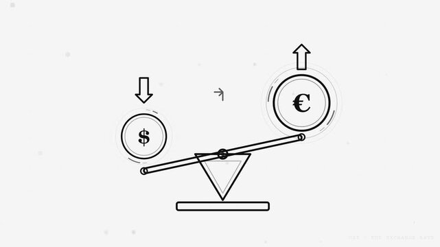 A minimalist line art animation featuring a balancing scale or seesaw with US Dollar (USD) and Euro (EUR) coins moving up and down.