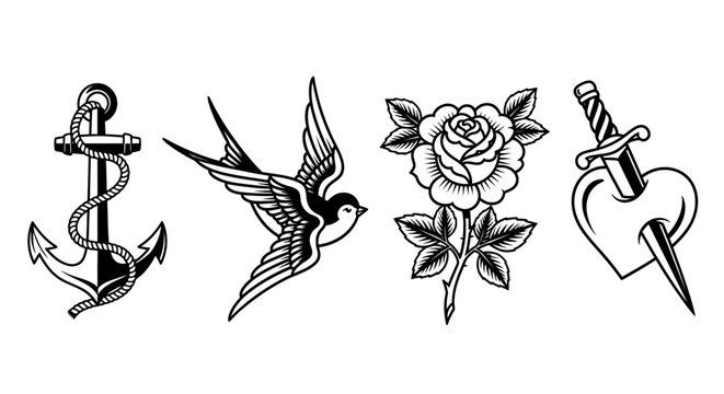 Black and white tattoo designs anchor swallow rose heart with dagger