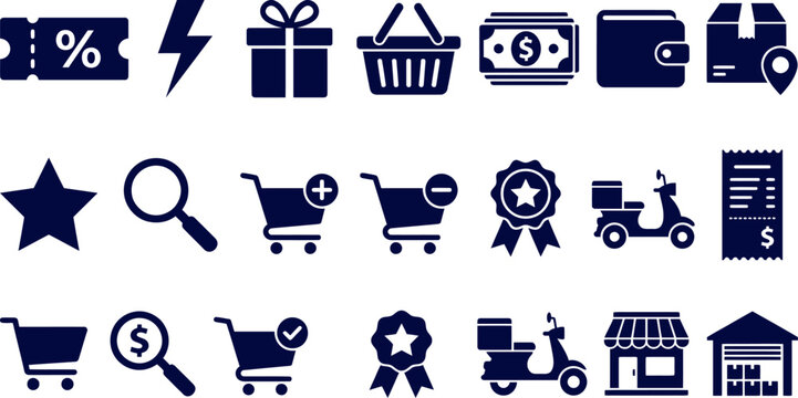 E commerce and retail icons set discounts delivery shopping and customer service graphics