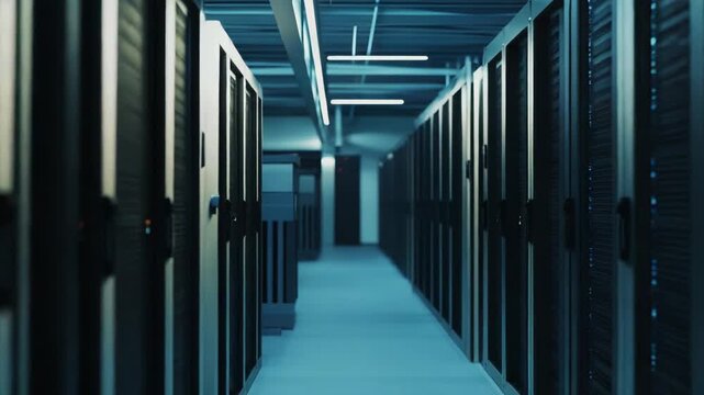 Vast array of server racks fills a modern data center, forming a long corridor extending into the distance, symbolizing global connectivity, digital information, and secure data storage solutions