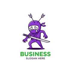 Fototapeta premium Cartoon ninja with tears, holding sword, dressed in purple, sad expression
