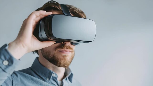 Young man with beard wearing virtual reality headset explores immersive digital world in modern environment. Futuristic VR technology revolutionizes interactive experiences today