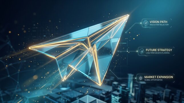 Geometric paper airplane made of light trails soars above a futuristic cityscape, symbolizing ambition, vision, and market expansion.
