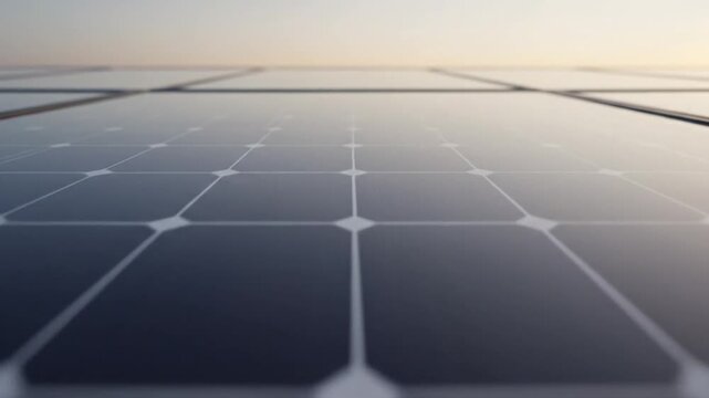 Close-up of solar panels reflecting the golden light of a setting sun. The camera glides over the sleek, blue grid, capturing the clean energy transition in a serene landscape.