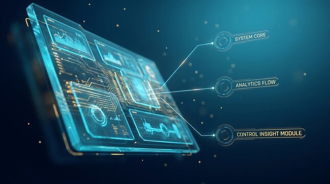 Digital tablet screen displaying complex graphs, data streams, and analytical information with connecting lines to labels like 'System Core' and 'Analytics Flow'.