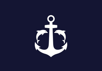 White anchor with two dolphins logo on dark blue background